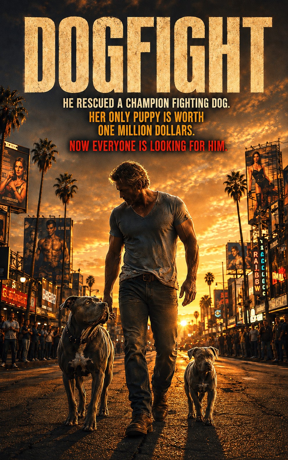 Dogfight poster — a man walking down a Hollywood Boulevard at sunset with two pit bulls, a champion fighting dog and her puppy, flanked by billboards and a crowd.