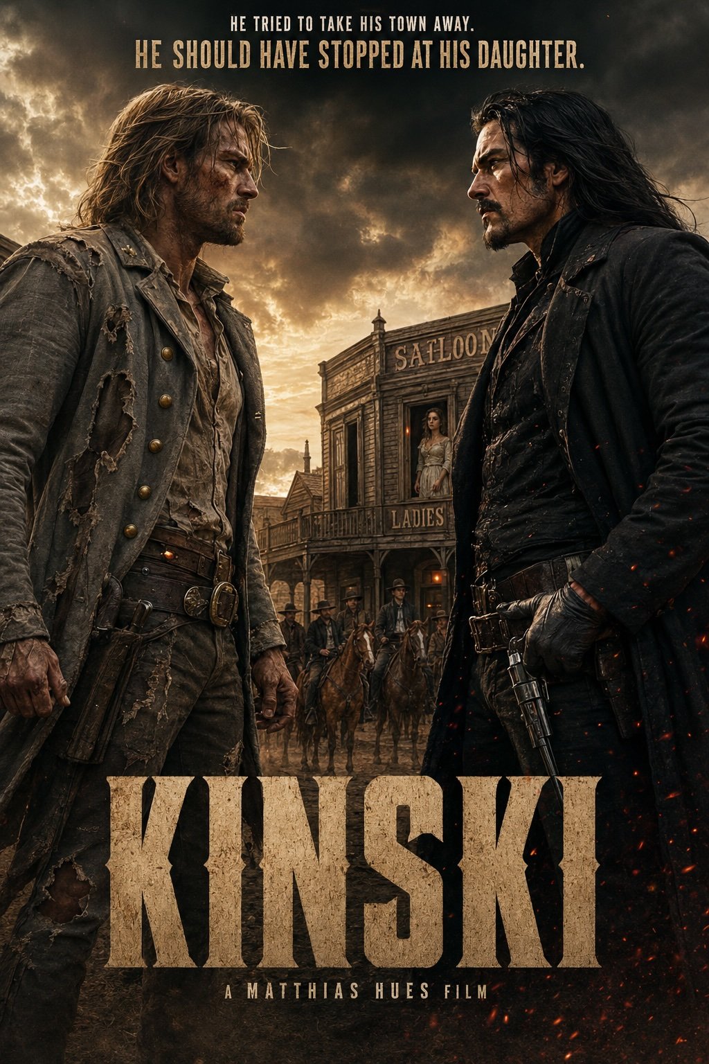 Kinski poster — two gunslingers facing off in a dusty Old West street outside a saloon, a girl watching from a balcony and riders approaching behind them.