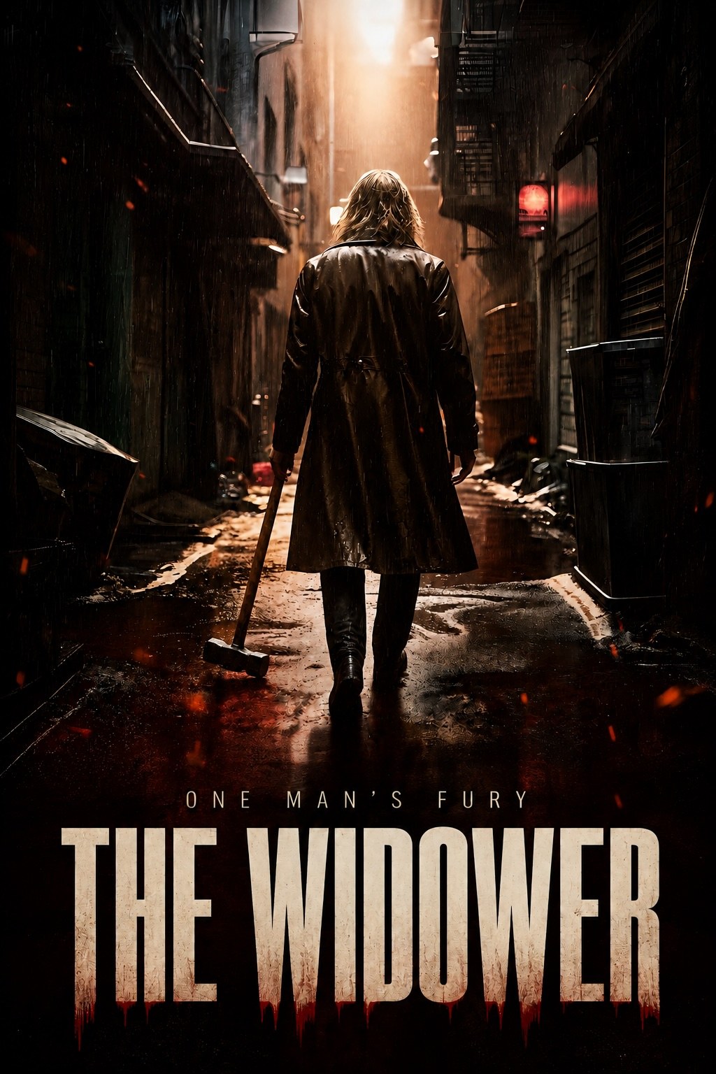 The Widower poster — a lone figure in a long dark coat walks down a rain-soaked alley holding a hammer, a red emergency light glowing behind him.